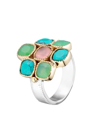 Bague - Argent, turquoises, chrysoprases et quartz