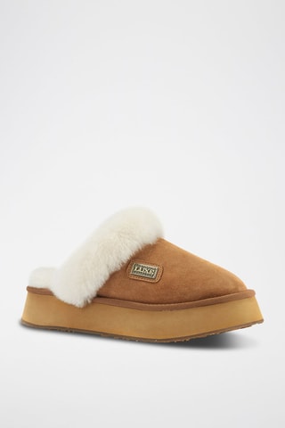 Pantufas com plataforma forradas em couro de carneiro nobuck - Castanho-claro