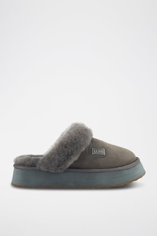 Pantufas com plataforma forradas em couro de carneiro nobuck - Cinzento