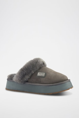 Pantufas com plataforma forradas em couro de carneiro nobuck - Cinzento