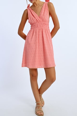 Vestido evasé con bordado inglés - Coral