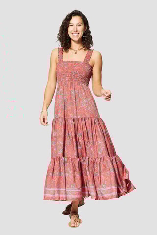 Vestido comprido - Vermelho e creme  - Bege, vermelho e azul