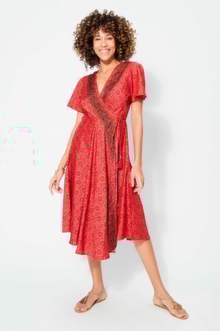 Vestido estilo envelope Coral - Preto, bege e vermelho