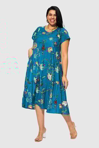 Vestido trapézio - Azul-petróleo - Azul e rosa