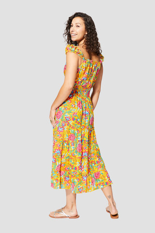 Vestido comprido - Amarelo - Rosa e azul