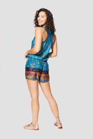 Macacão curto - Dourado e azul  - Azul e castanho