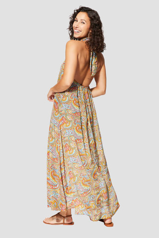 Vestido comprido - Laranja - Verde, amarelo e laranja