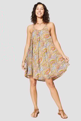 Vestido trapézio - Bege - Bege, vermelho e azul