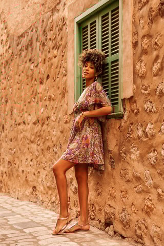 Vestido com folhos - Dourado e turquesa  - Azul e castanho