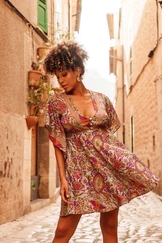 Vestido com folhos - Dourado e turquesa  - Azul e castanho