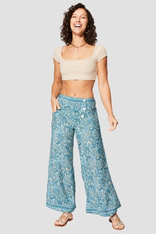 Calças - Azul-petróleo - Bege, azul e cinzento