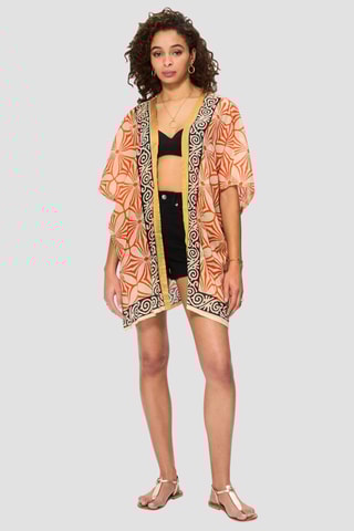 Quimono - Bege e laranja - Preto, bege e laranja