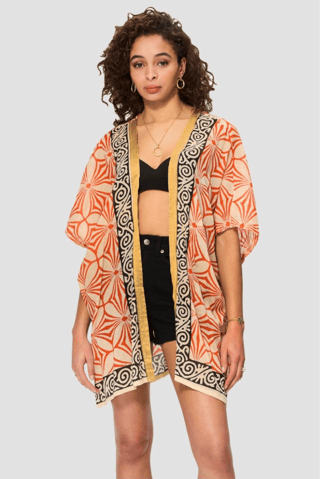 Quimono - Bege e laranja - Preto, bege e laranja