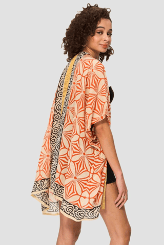 Quimono - Bege e laranja - Preto, bege e laranja