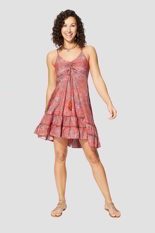 Vestido com folhos - Vermelho e creme  - Bege e vermelho