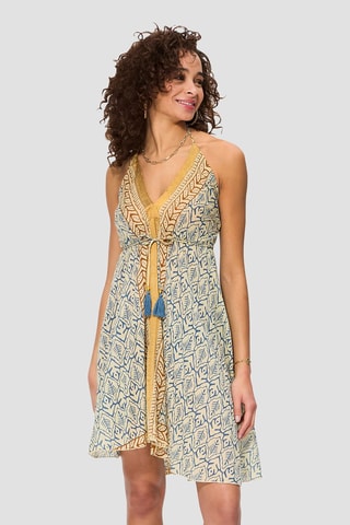 Vestido estilo patinadora - Cru e azul-petróleo - Azul e castanho