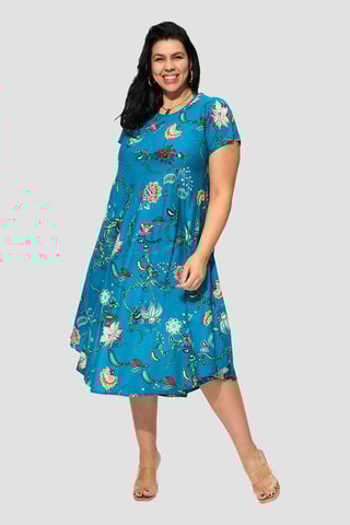 Vestido trapézio - Azul-petróleo - Azul e rosa