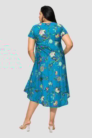 Vestido trapézio - Azul-petróleo - Azul e rosa