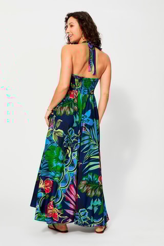 Vestido comprido Azul-marinho e fúcsia  - Azul, verde e rosa