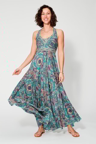 Vestido comprido - Turquesa e rosa  - Azul, verde e rosa