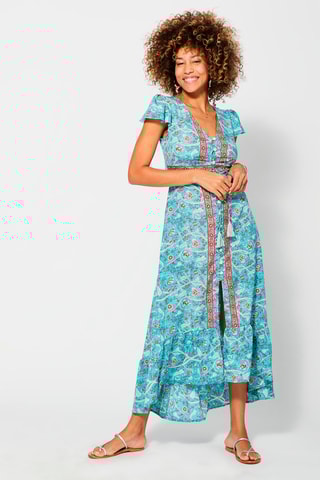 Vestido comprido - Azul - Azul, verde e rosa