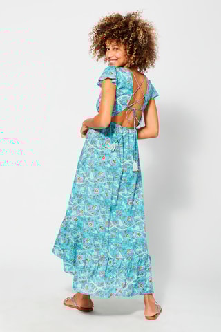 Vestido comprido - Azul - Azul, verde e rosa