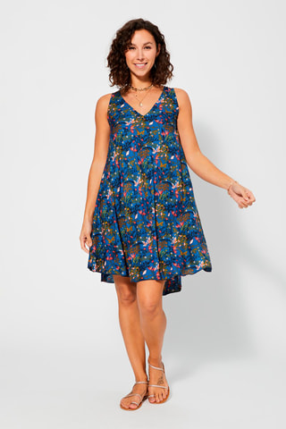 Vestido trapézio - Azul-escuro e caqui - Azul e verde