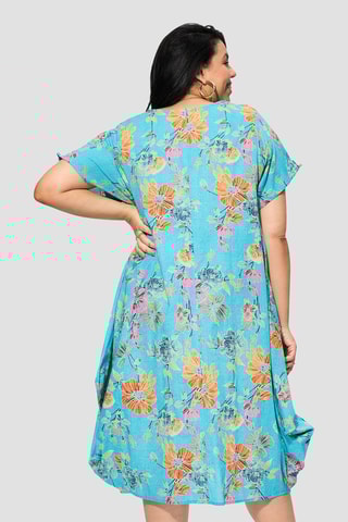 Vestido trapézio - Azul - Verde, laranja e rosa