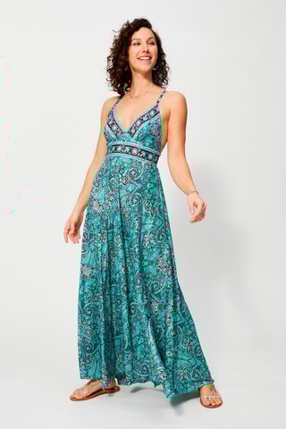 Vestido comprido Turquesa e bordô - Bege, vermelho e rosa