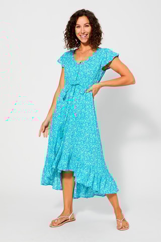 Vestido com folhos Turquesa - Branco, azul e amarelo