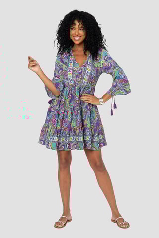 Vestido com folhos - Verde e violeta  - Vermelho e verde