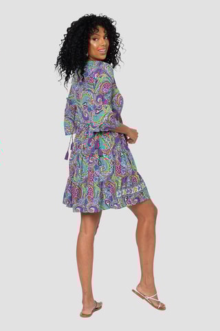 Vestido com folhos - Verde e violeta  - Vermelho e verde