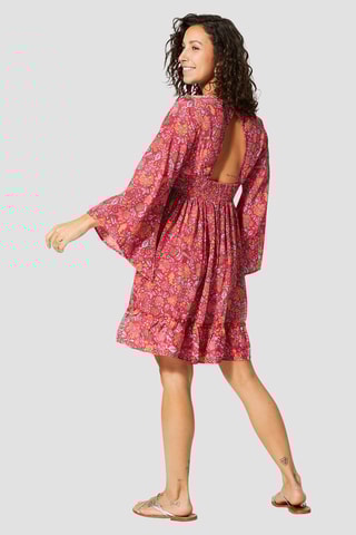 Vestido com folhos - Rosa - Vermelho, verde e rosa