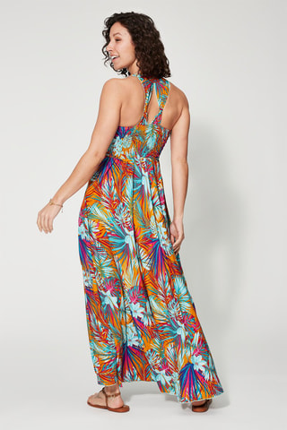 Vestido comprido - Laranja e turquesa - Azul, laranja e rosa