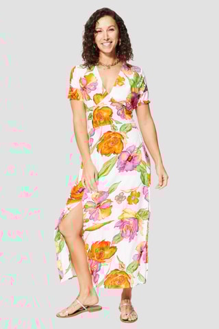 Vestido comprido - Branco e rosa - Azul, verde e rosa