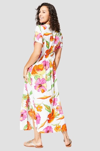 Vestido comprido - Branco e rosa - Azul, verde e rosa