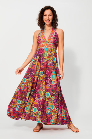 Vestido comprido Violeta e mostarda - Azul, violeta e rosa