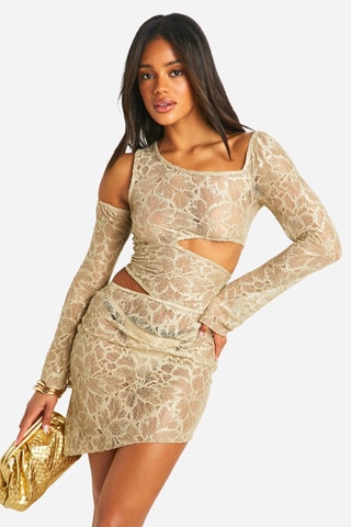 Abito taglio dritto in pizzo - Beige