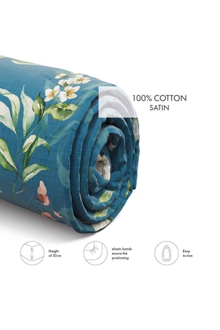 Sábana bajera de satén de algodón 80 hilos/cm² Belle de Nuit - Azul