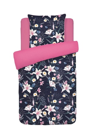 Juego de nórdico de satén de algodón 80 hilos/cm² Jardin rêveur - Azul oscuro y rosa