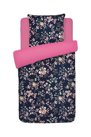 Juego de nórdico de satén de algodón 80 hilos/cm² Murmure floral - Azul oscuro y rosa