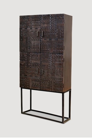 Meuble de rangement 4 portes - Naturel et noir - Structure en bois de manguier - 90 x 40 x 176 cm