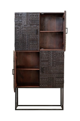 Meuble de rangement 4 portes - Naturel et noir - Structure en bois de manguier - 90 x 40 x 176 cm