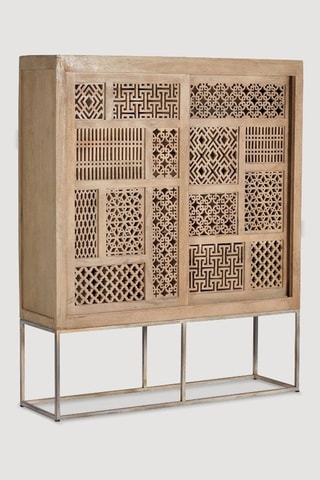 Meuble de rangement 2 portes - Naturel et argenté - Structure en teck - 140 x 170 x 40 cm