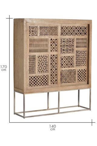 Meuble de rangement 2 portes - Naturel et argenté - Structure en teck - 140 x 170 x 40 cm