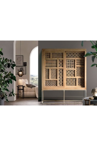 Meuble de rangement 2 portes - Naturel et argenté - Structure en teck - 140 x 170 x 40 cm