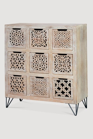 Commode 9 tiroirs - Blanc vieilli et naturel - Structure en bois de manguier - 88 x 102 x 38 cm