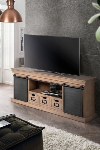 Meuble TV 2 portes - Naturel et noir - Structure en bois de manguier - 150 x 55 x 40 cm