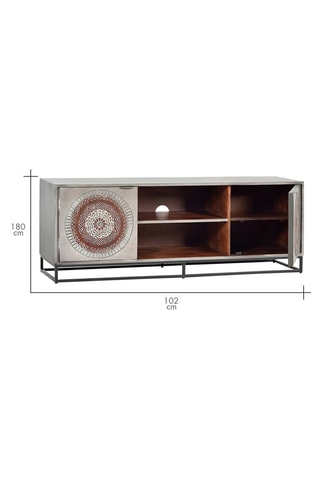Meuble TV 2 portes - Gris et marron - Structure en bois de manguier - 150 x 56 x 40 cm