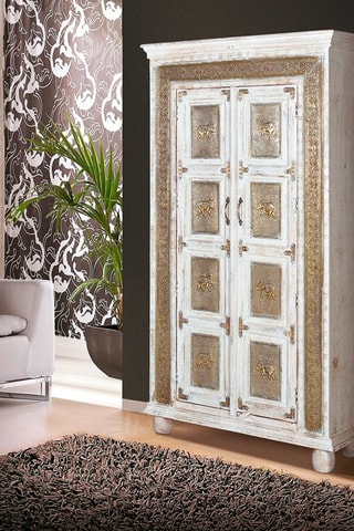 Armoire 2 portes - Ecru et doré - Structure en bois de manguier - 95 x 45 x 183 cm